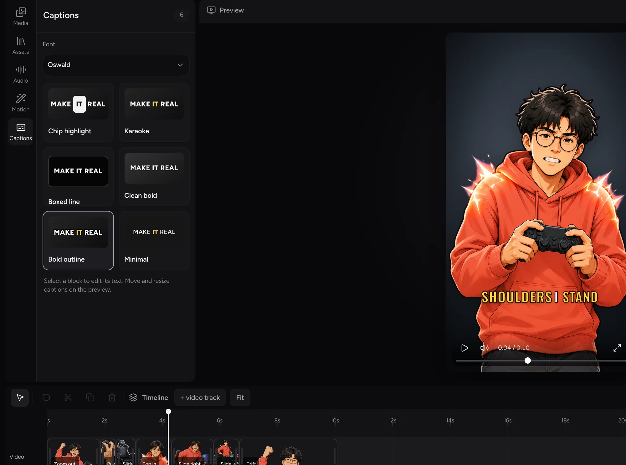 The Captions panel, showing six caption styles previewed on the words “make it real”.
