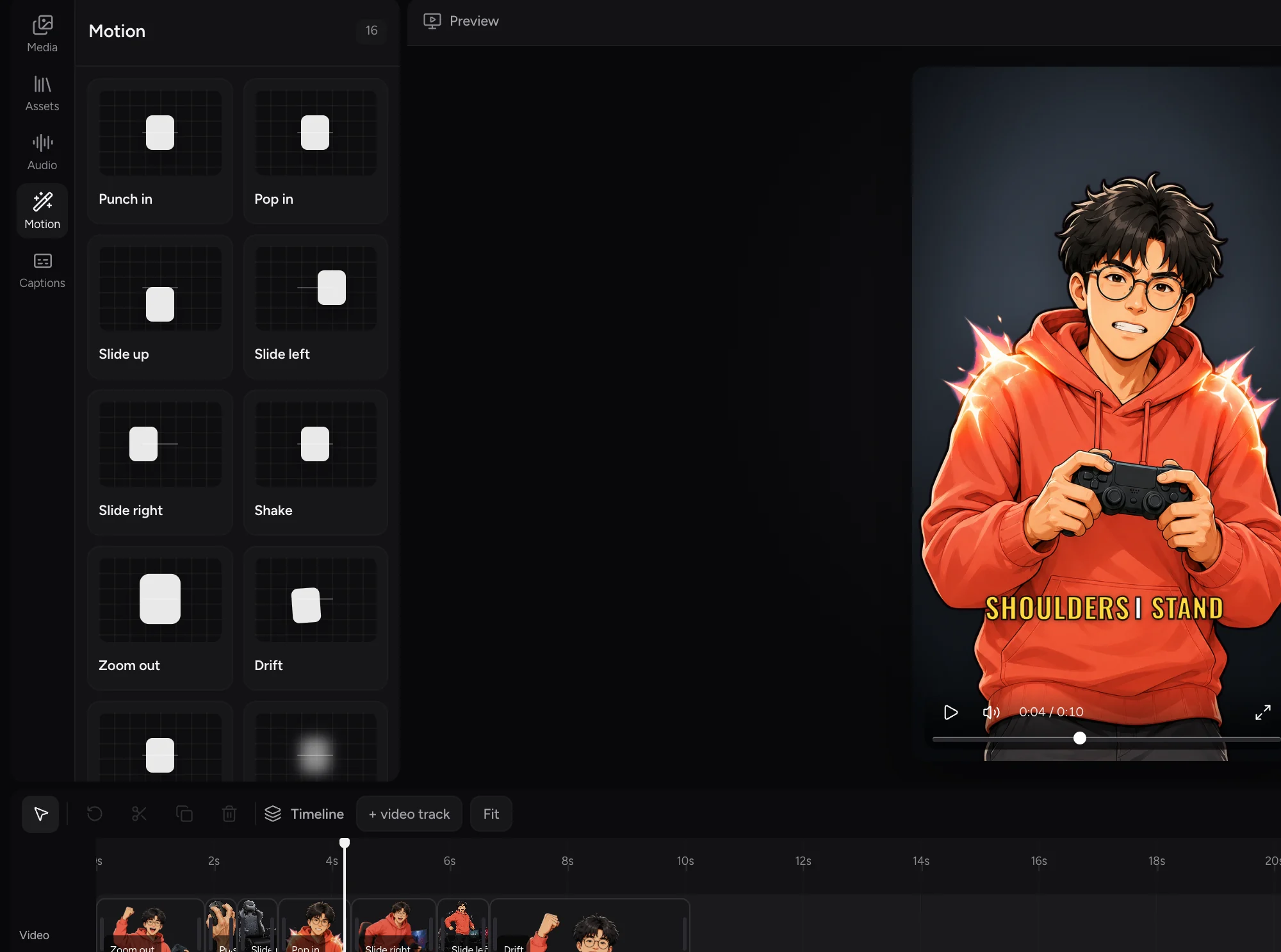 The Motion panel, showing a grid of animation presets with small diagrams of each move.